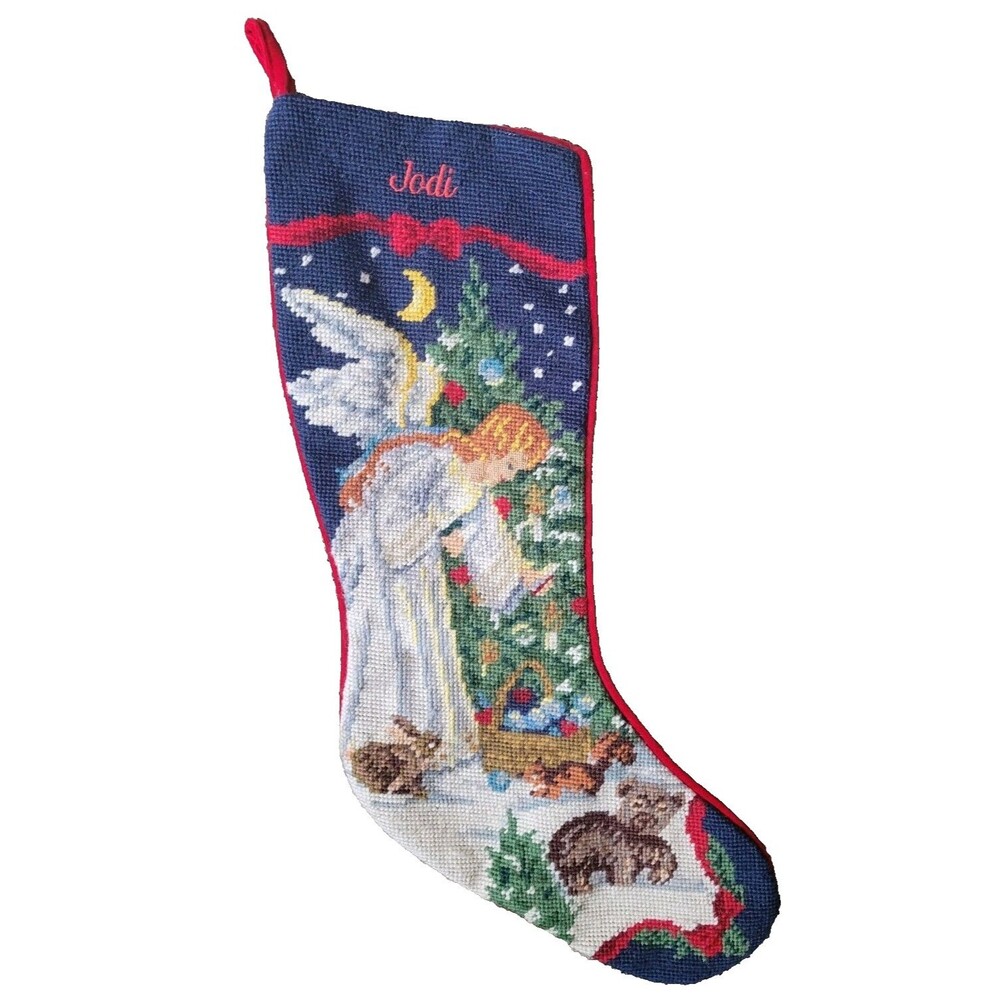 Lands End Angel Needlepoint Christmas Stocking Wool JODI monogram 90's animals